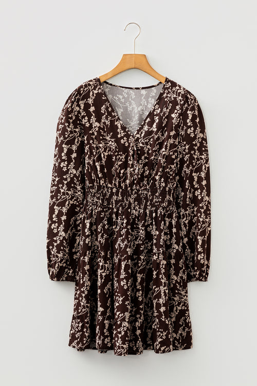 Brown Ditsy Floral Print Split Neck Long Sleeve Shirred Waist Flared Mini Dress
