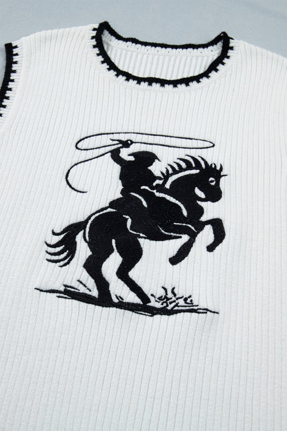 White Contrast Trim Round Neck Rodeo Cowboy Sweater Vest