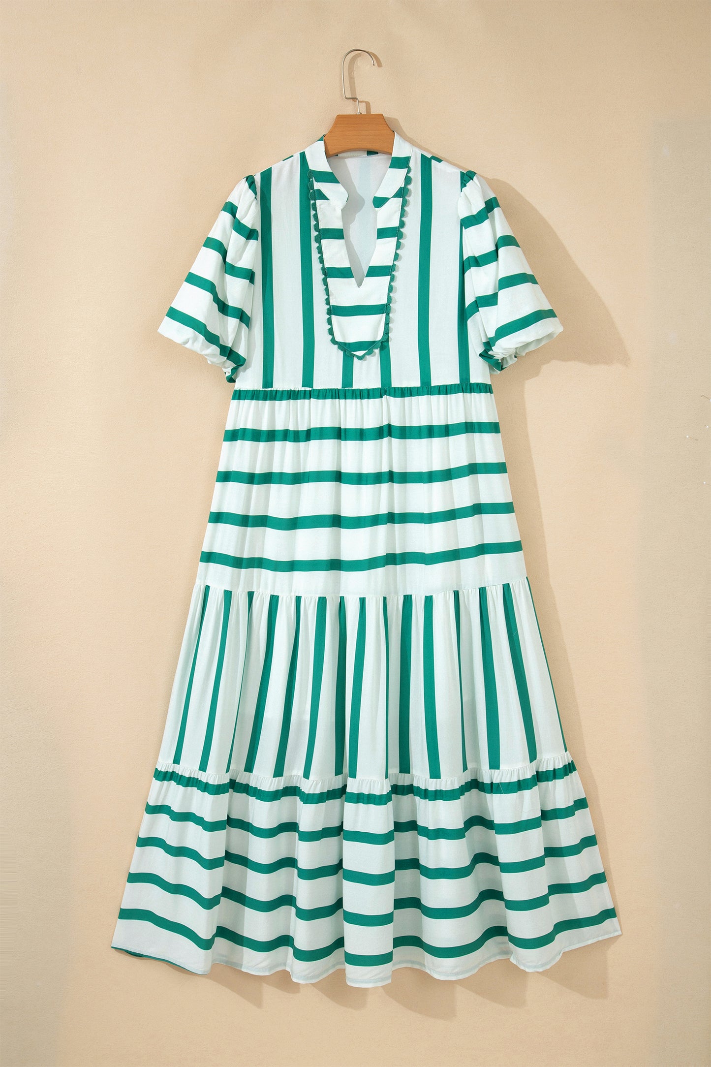 Green Stripe Ricrac Trim Notched Neck Half Sleeve Vacation Dress