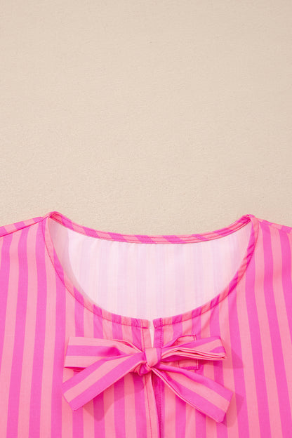 Rose Striped Print Bow Detail Short Puff Sleeve Mini Dress