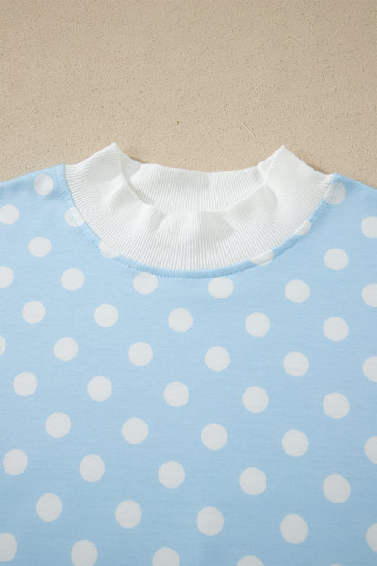 Sky Blue Polka Dot Print Color Block Trim Mock Neck Short Set