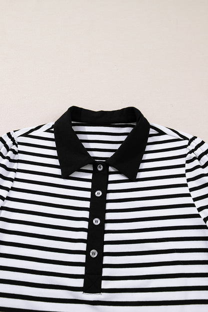 White Stripe Buttoned Front Collared Long Sleeve T Shirt Dress with Pockets