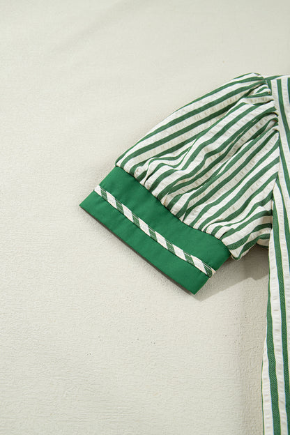Green Stripe Collared Split Neck Short Bubble Sleeve Blouse