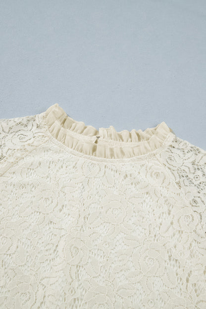 White Sheer Lace Long Sleeve Ruffle Trim Loose Blouse