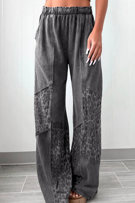 Coffee Mineral Wash Leopard Patchwork Loose Pants