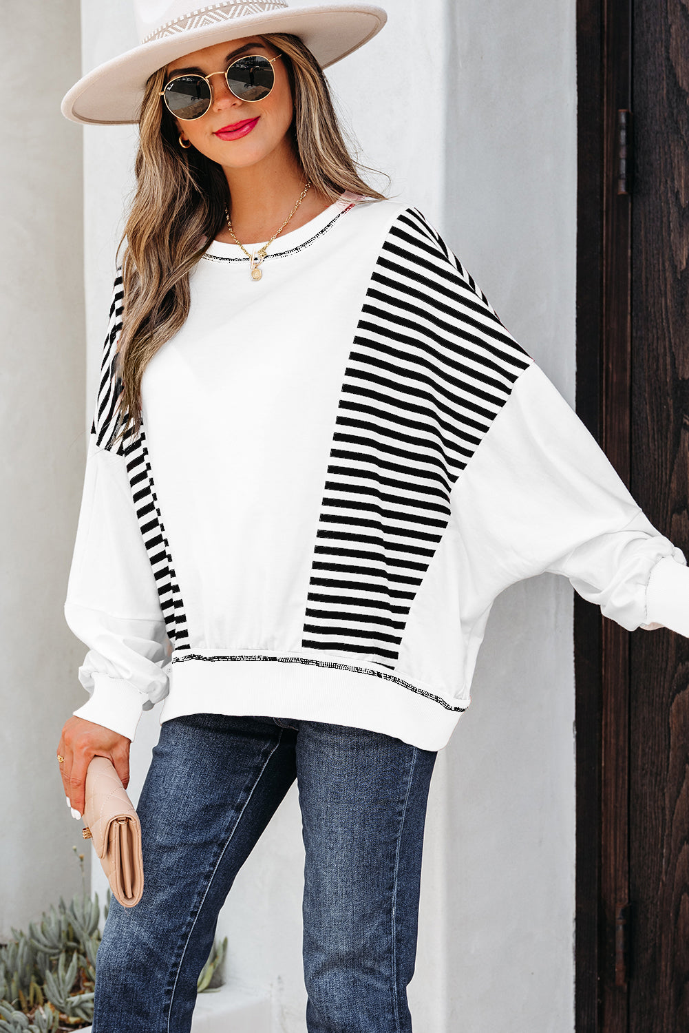Red Stripe Colorblock Patchwork Contrast Stitching Oversize Sweatshirt