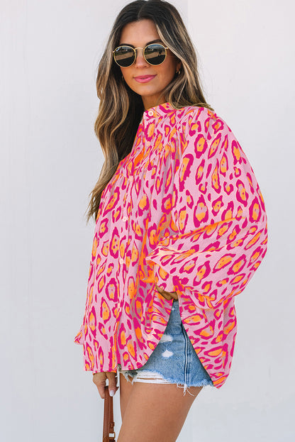 Light French Beige Oversized Leopard Print Balloon Sleeve Casual Shirt