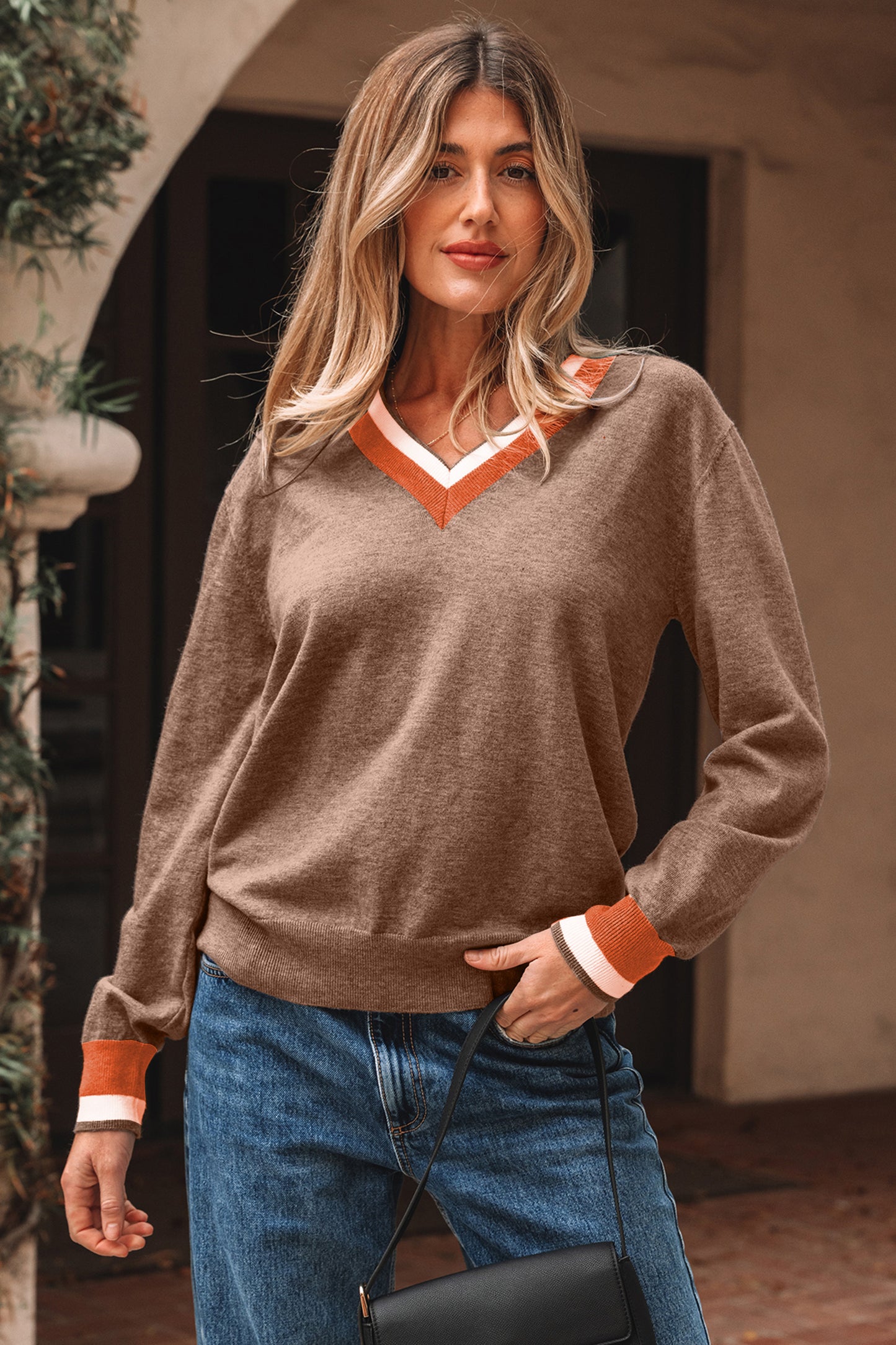 Black Contrast Striped Trim V Neck Varsity Sweater