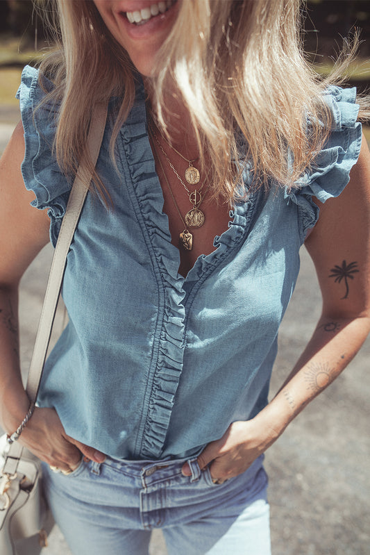 Beau Blue Frilly Ruffle Trim V Neck Chambray Tank Top