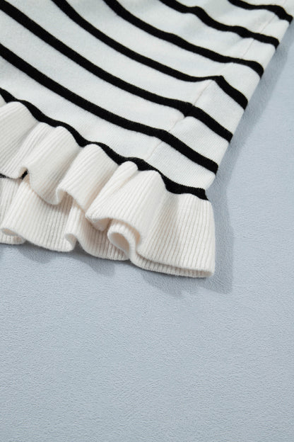 Beige Stripe Ruffle Trim Button Down Knit Short Sleeve Sweater Cardigan