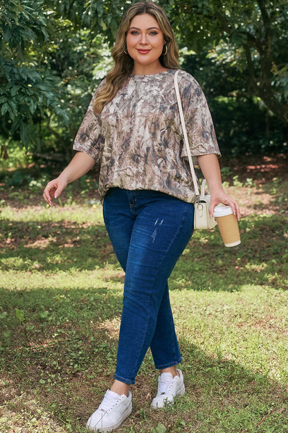 Khaki Plus Size Woodland Camouflage Print T Shirt