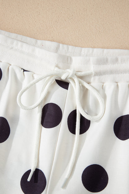 Sky Blue Polka Dot Print Drop Shoulder Pullover Drawstring Shorts Set