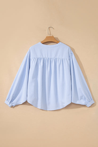 Sky Blue Stripe Floral Embroidered Billowy Sleeve Tunic Baggy Shirt