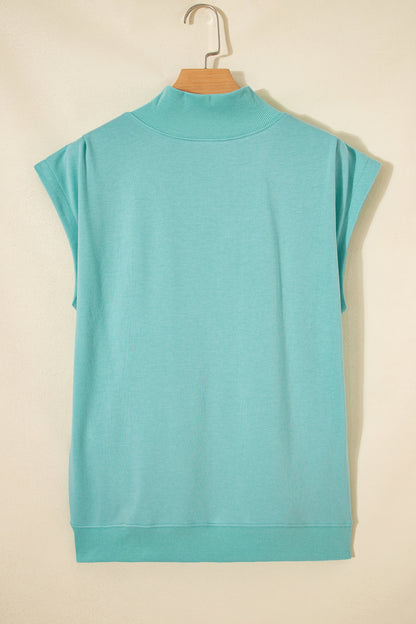 Light Grey Solid Color High Neck Cap Sleeve Loose Top