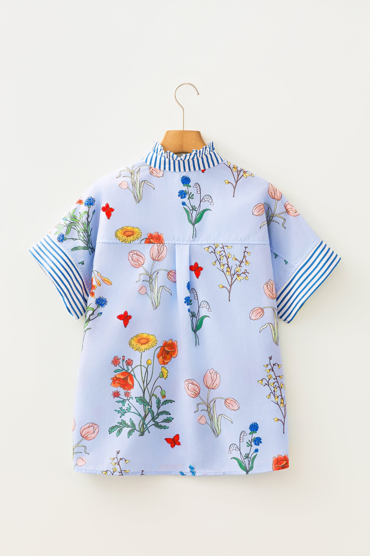 Sky Blue Floral Striped Patchwork Ruffled Collar Short Sleeve Shirt