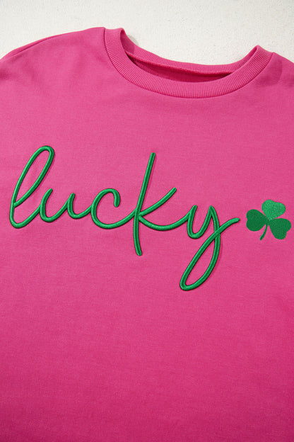 Rose Red Lucky Clover Embroidered Loose Pullover Sweatshirt
