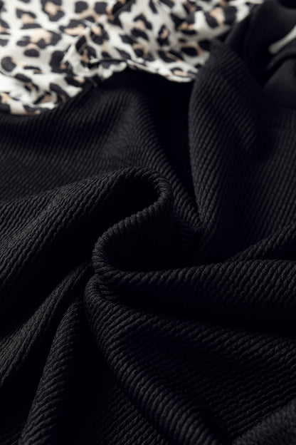 Black Contrast Leopard Ruffled Short Sleeve Ribbed Knit Top