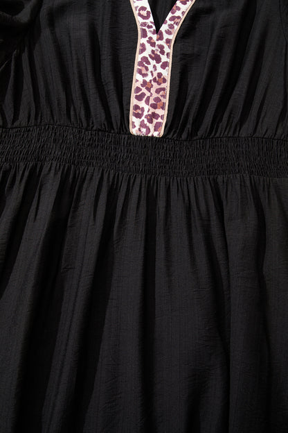 Black Leopard V Neck Patchwork Smocked Waist Plus Size Ruffled Dress