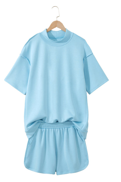 Moonlight Jade Solid Color Exposed Seam Mock Neck Oversize Tee Casual Shorts 2pcs Outfit