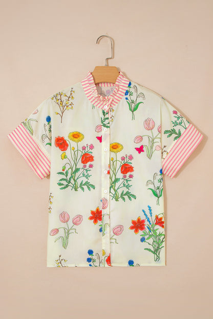 Sky Blue Floral Striped Patchwork Ruffled Collar Short Sleeve Shirt