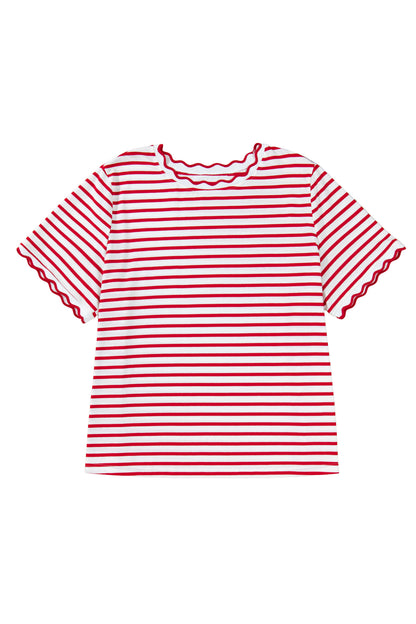 Red Stripe Plus Size Scalloped Trim Round Neck Short Sleeve Top