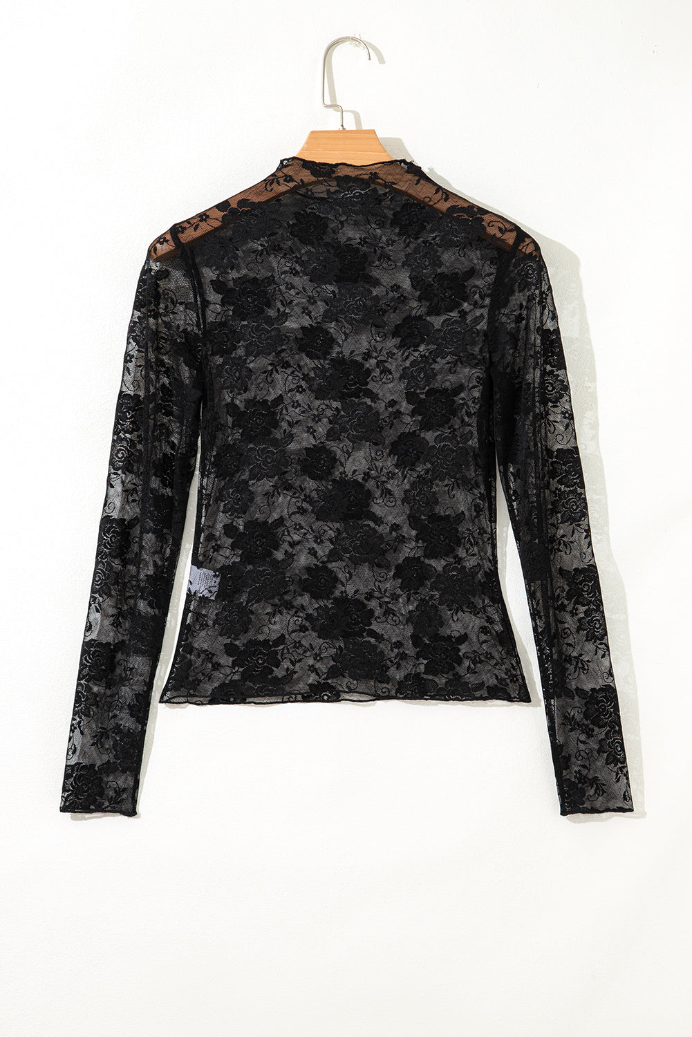 White Sheer Floral Lace Mesh Mock Neck Long Sleeve Top