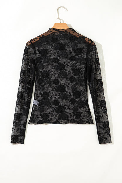 White Sheer Floral Lace Mesh Mock Neck Long Sleeve Top