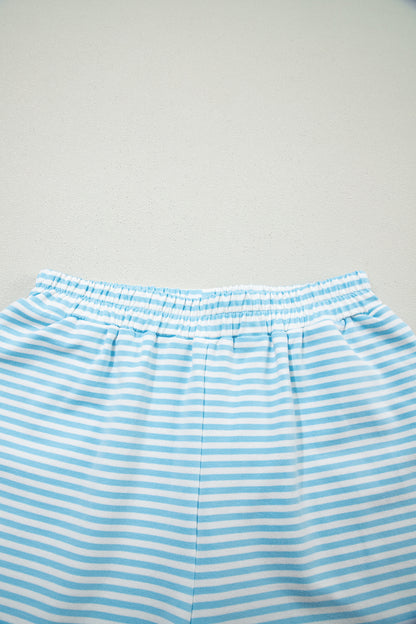 Sky Blue Stripe Oversize Mock Neck Sweatshirt and Shorts Set