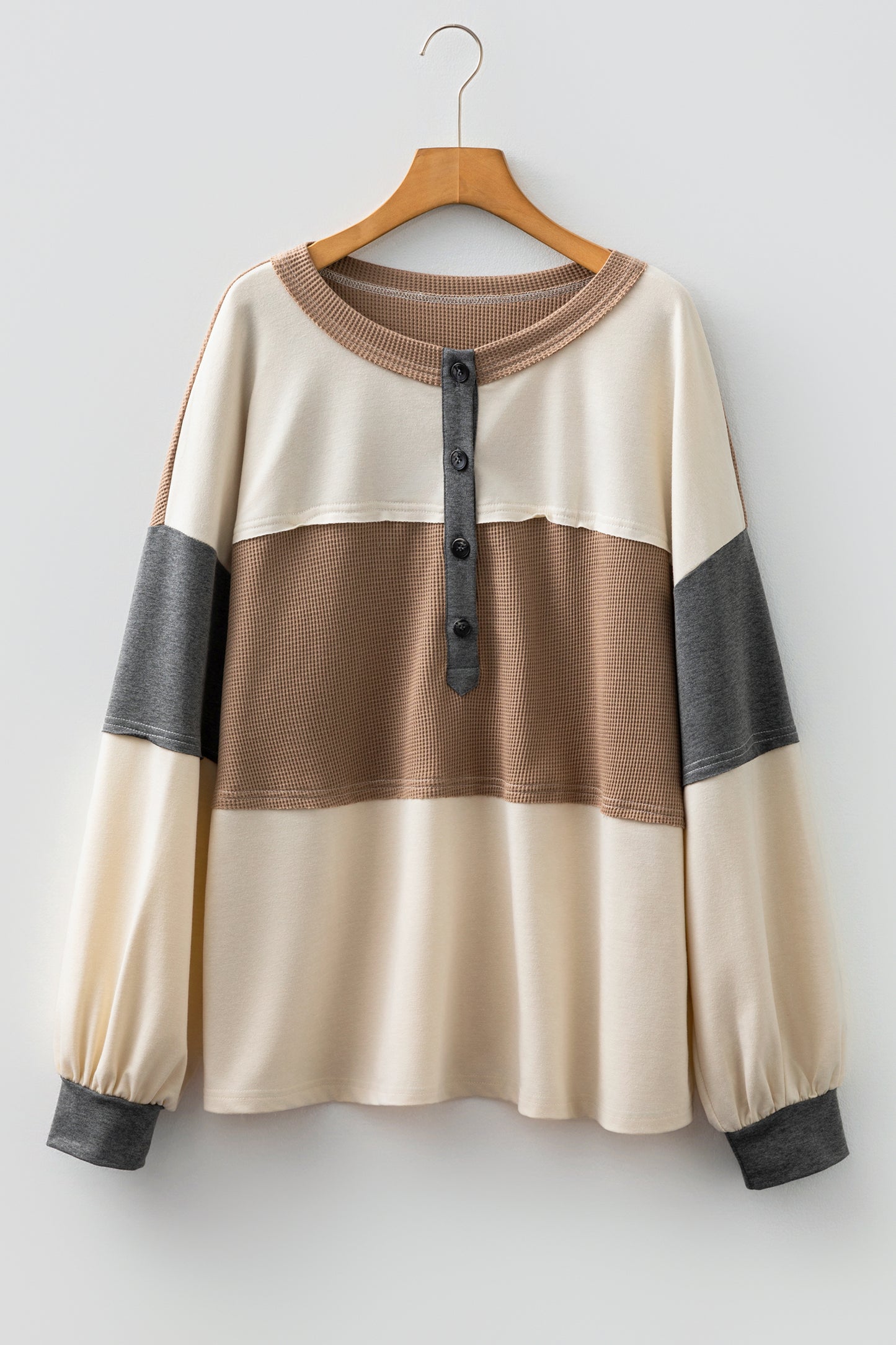 Jet Stream Waffle Patchwork Colorblock Half Buttons Casual Plus Size Knit Jumper