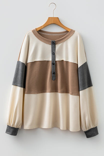 Jet Stream Waffle Patchwork Colorblock Half Buttons Casual Plus Size Knit Jumper