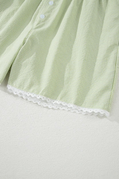 Green Gingham Plaid Button Detail Lace Trim Boxer Shorts