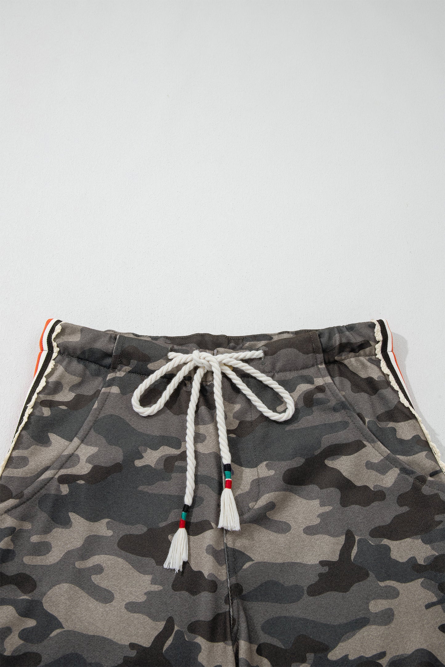 Khaki Camouflage Print Striped Side Panel Patchwork Drawstring Pants