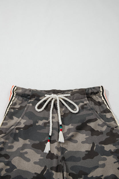 Khaki Camouflage Print Striped Side Panel Patchwork Drawstring Pants