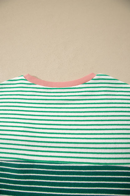 Green Stripe Contrast Print Color Block Detail Relaxed Tee