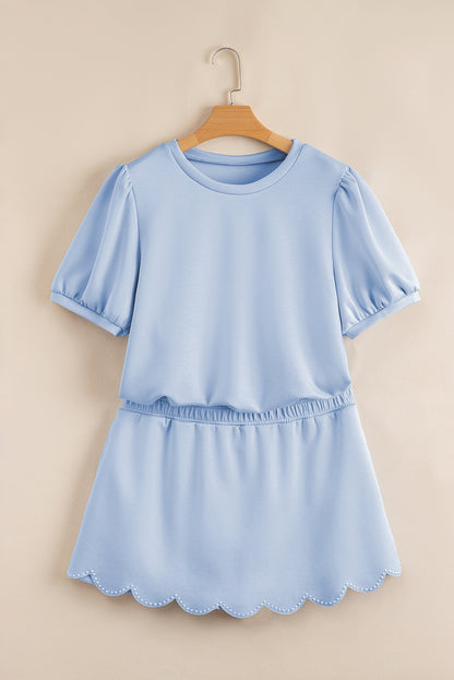 Beau Blue Puff Sleeve Pearl Embellished Scallop Trim Top 2 Piece Skort Set
