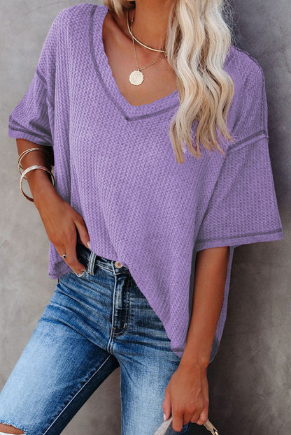 Gray Exposed Seam Half Sleeve Knitted V Neck Textured Top