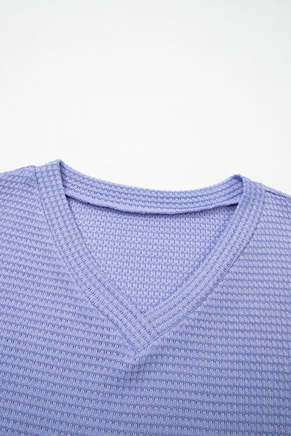 Clearly Aqua Waffle V Neck Short Sleeve Knit Top