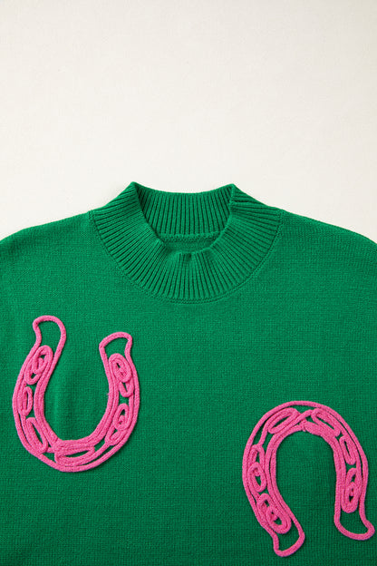 Bright Green Corded Horseshoes Ribbed Trim Mock Neck Short Sleeve Sweater