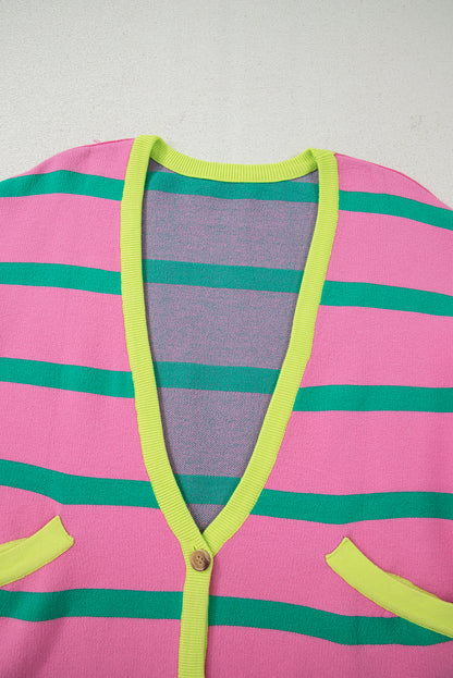 Pink Stripe Colorblock Drop Shoulder Buttoned Loose Cardigan