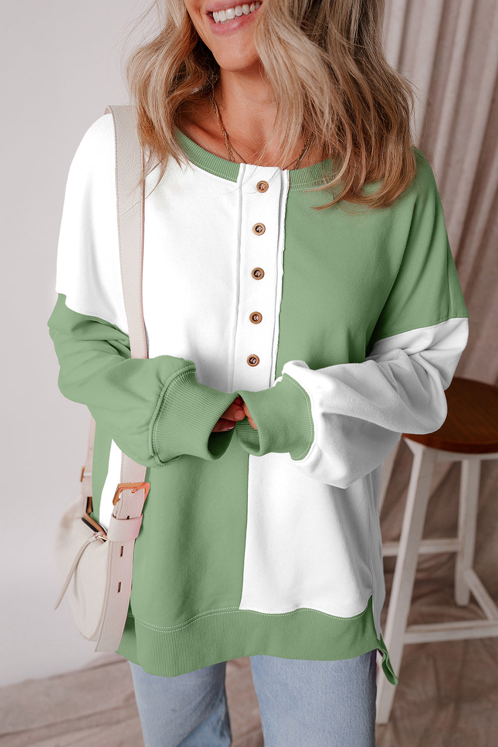 Color black Colorblock Henley High Low Oversize Sweatshirt