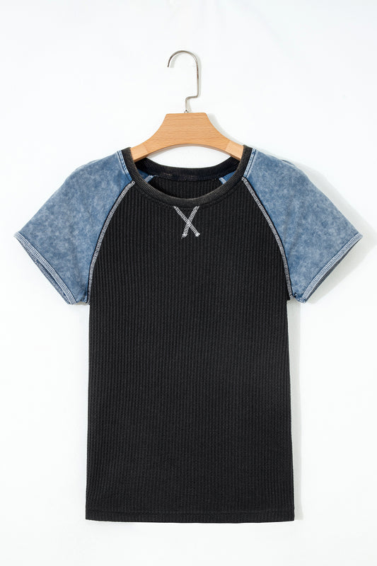 Laurel Green Waffle Knit Seam Detail Color Block Patchwork Short Sleeve Top
