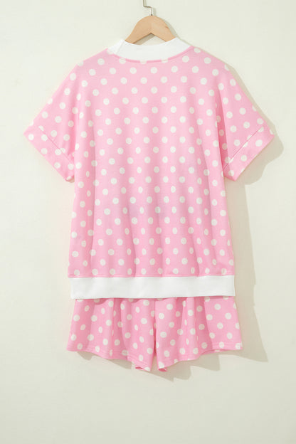 Sky Blue Polka Dot Print Color Block Trim Mock Neck Short Set