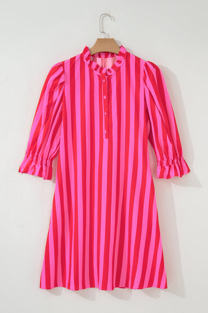 Rose Stripe Frilled Collar Button Neck Short Sleeve Curvy Mini Dress