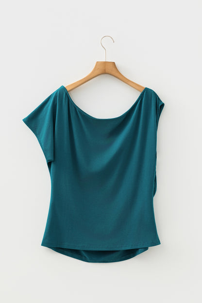 Burgundy Plus Size Solid Color Asymmetric Neck Short Sleeve Blouse