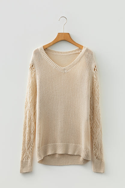 Beau Blue Solid V Neck Pointelle Knit Sleeve Patchwork Sweater