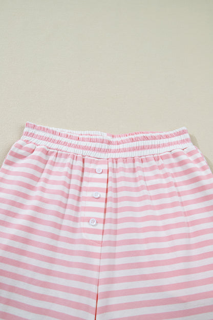 Rose Stripe Drop Shoulder Round Neck Top and Buttoned Straight Pants Two Piece Set
