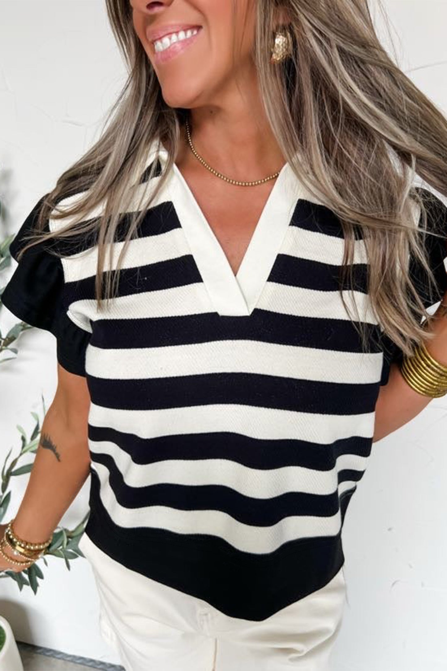Green Stripe Collar V Neck Ruffled Short Sleeve Blouse
