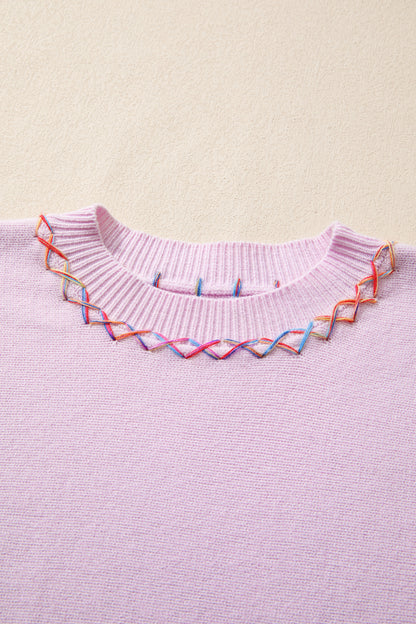 White Rainbow Stitching Balloon Sleeve Relaxed Sweater