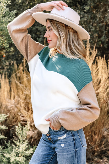 Khaki Color Block Plain Ribbed Knit Baggy Sweater