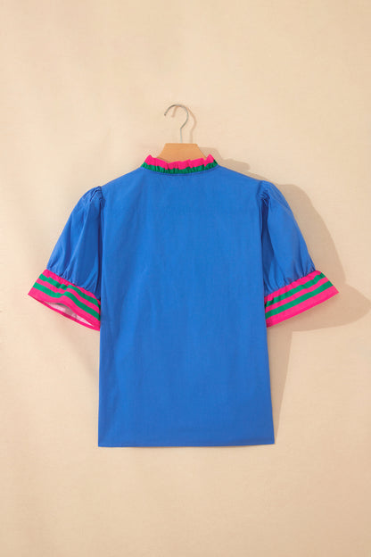 Green Striped Frilled Collar Ruffled Short Sleeve Blouse